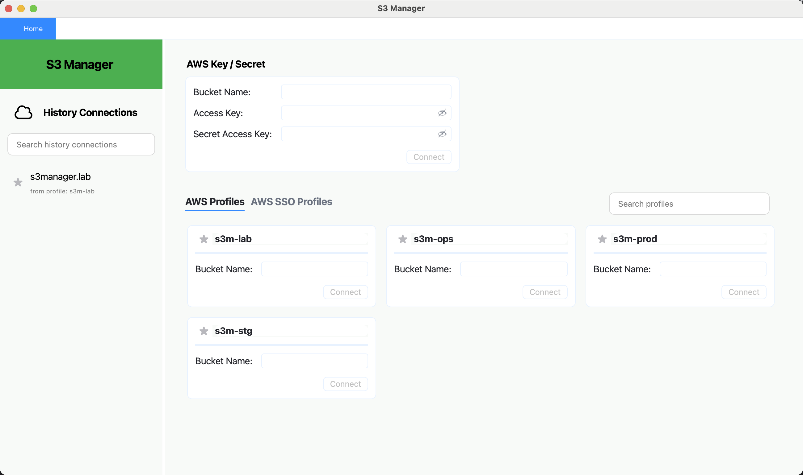 S3Manager login entry with access key, AWS profiles, AWS SSO profiles, and history connections