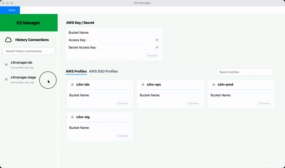 S3Manager multiple bucket tabs with tree navigation and object browsing