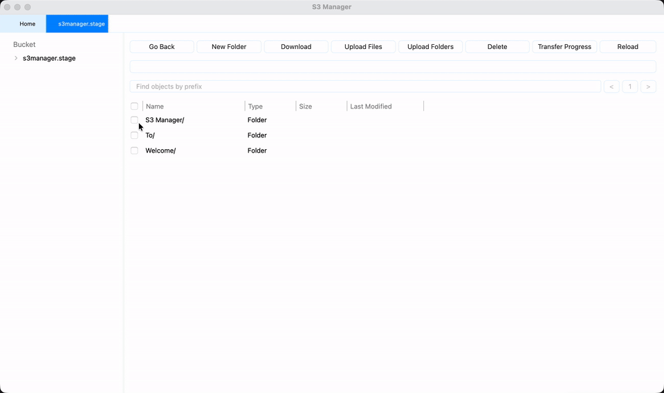 S3Manager transfer progress window with upload and download history